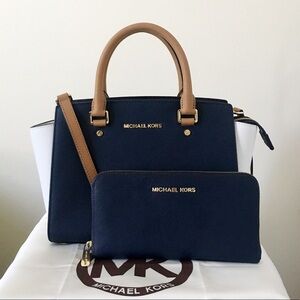 Michael Kors Navy, White and Tan Satchel with Wallet Set